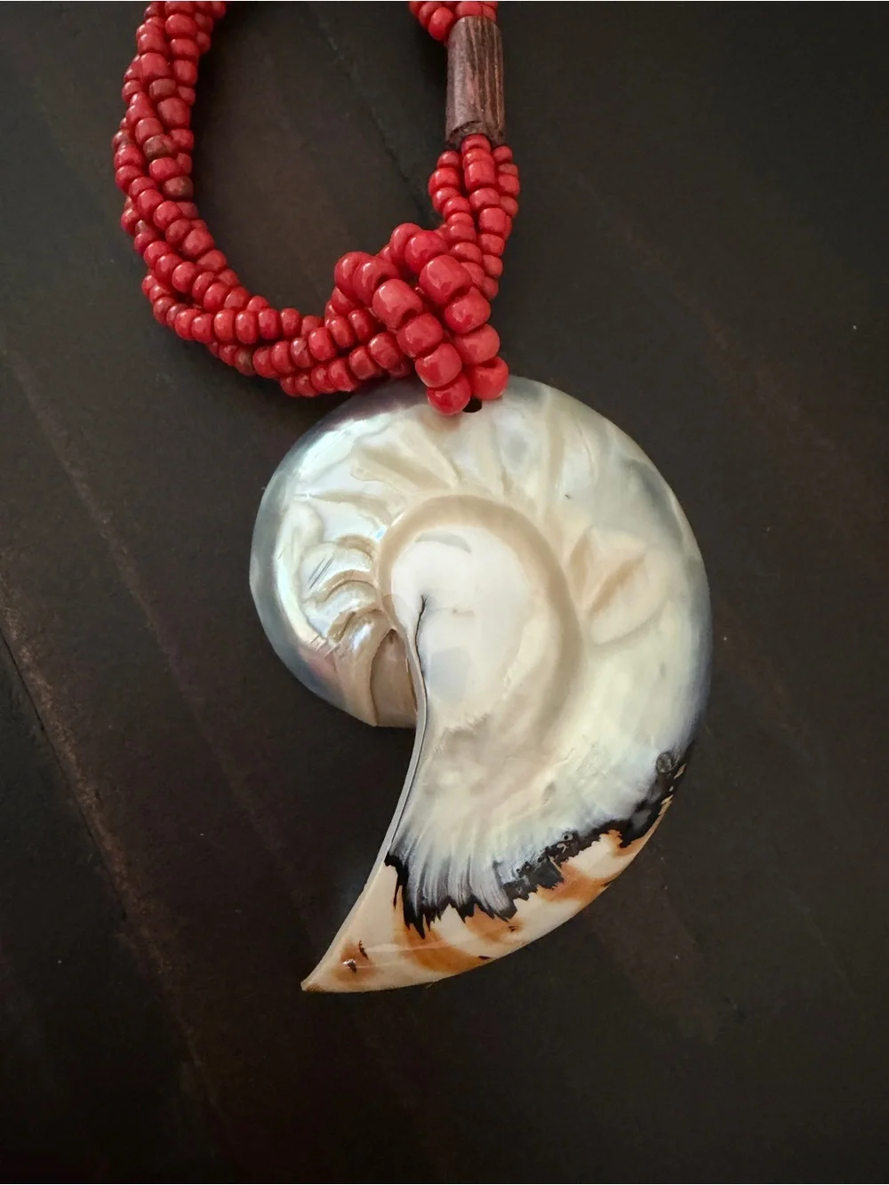 Handmade Boho  Red Coral Beaded Shell Pendant Necklacei Good quality
